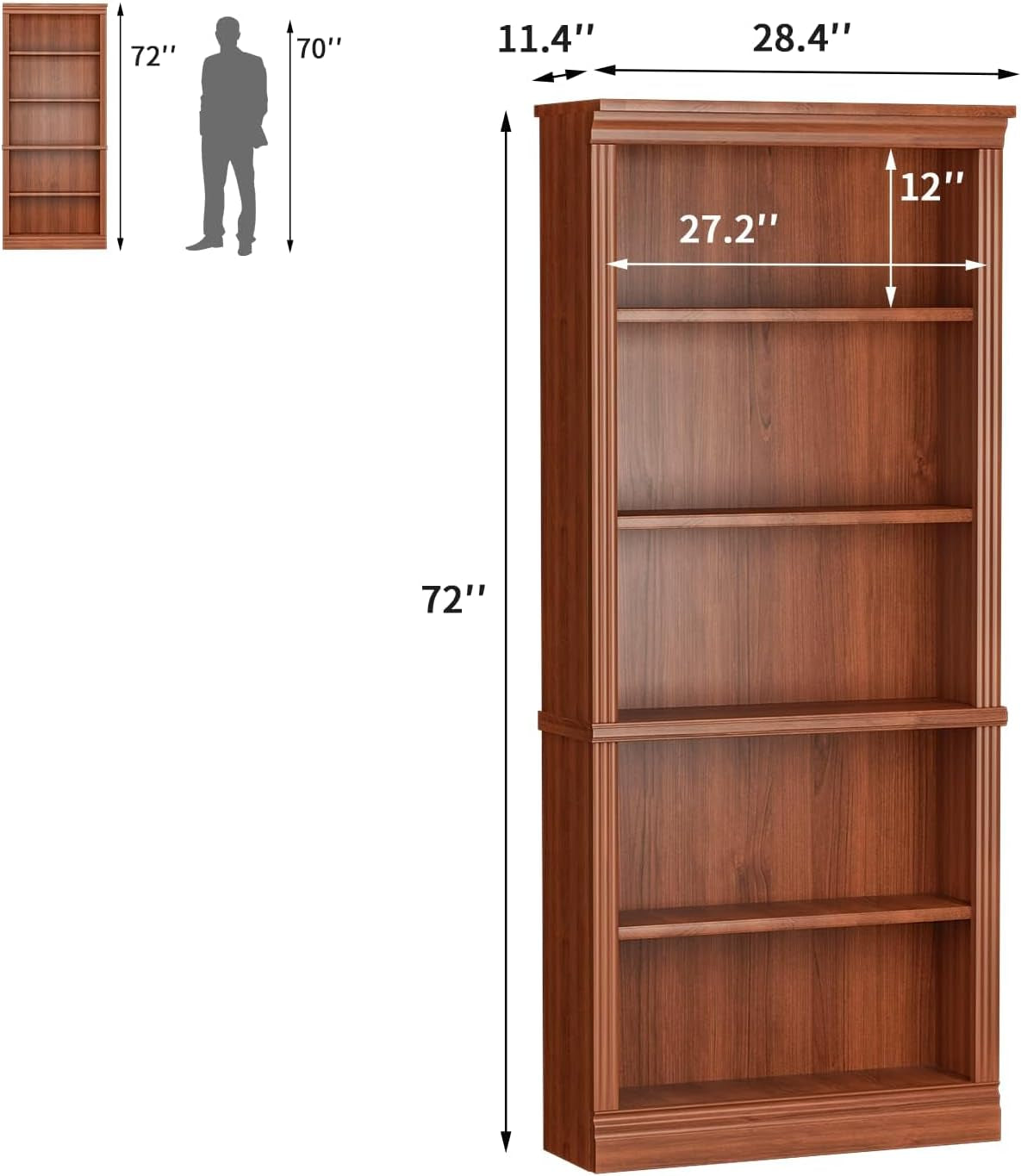 Bookcase Bookshelves, 5-Shelf Tall Bookcase 72" Wood Open Display Floor Bookshelf, Large Storage Organizer for Library, Bedroom, Living Room (Cherry)