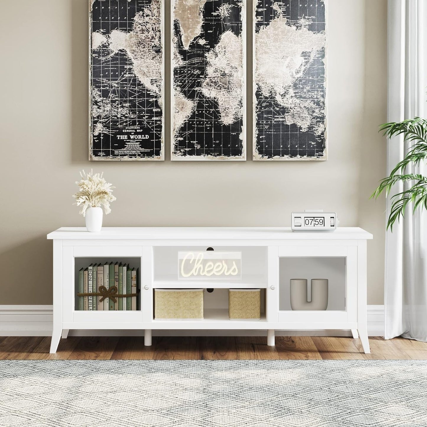 TV Stand - 55-Inch Storage Cabinet with 2 Cubbies and 2 Shelves - Entertainment Center for Living Room, Bedroom, or Entryway (White)