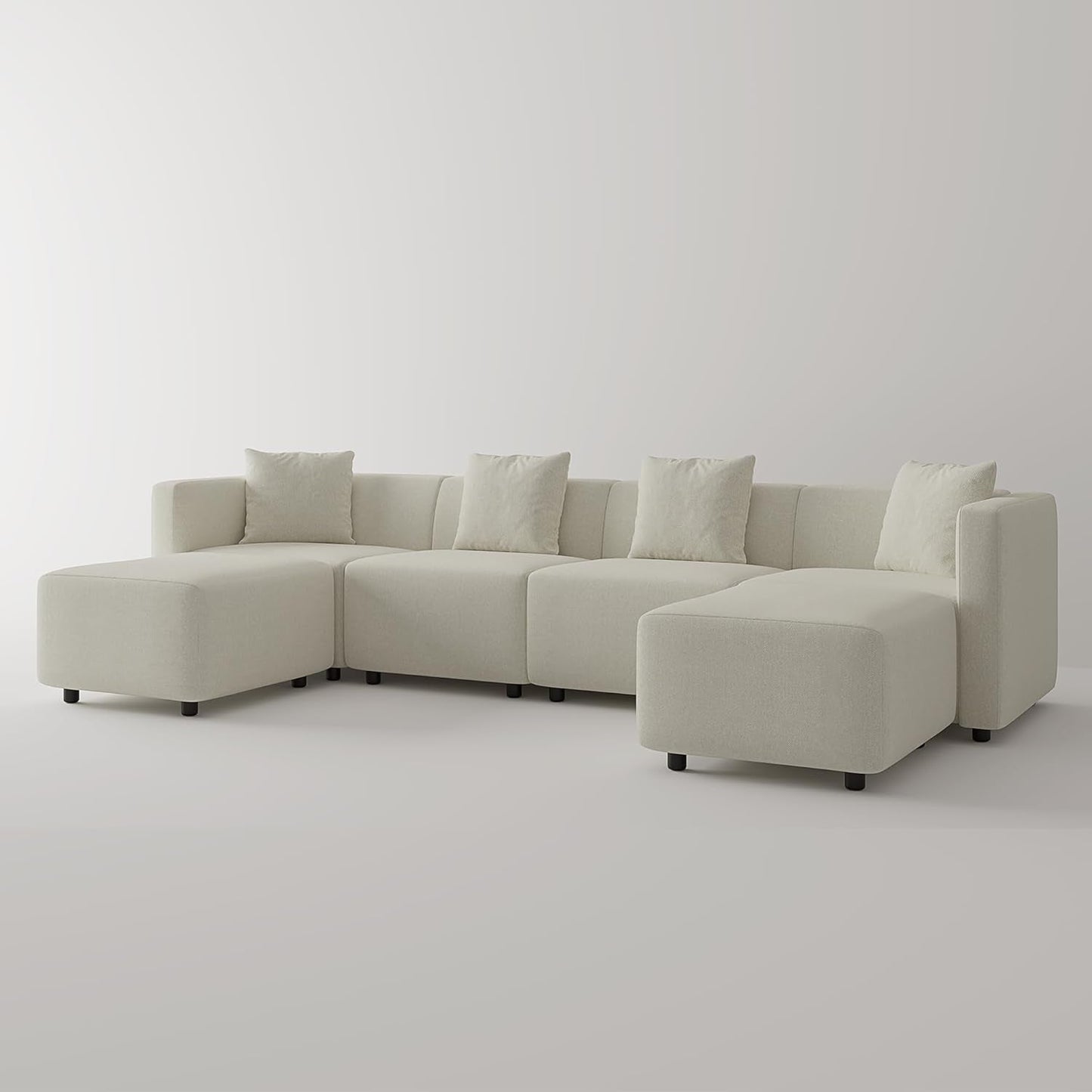 Fabric Living Room Furniture Set with Reversible Chaise Lounge, Cream U-Shape Couch