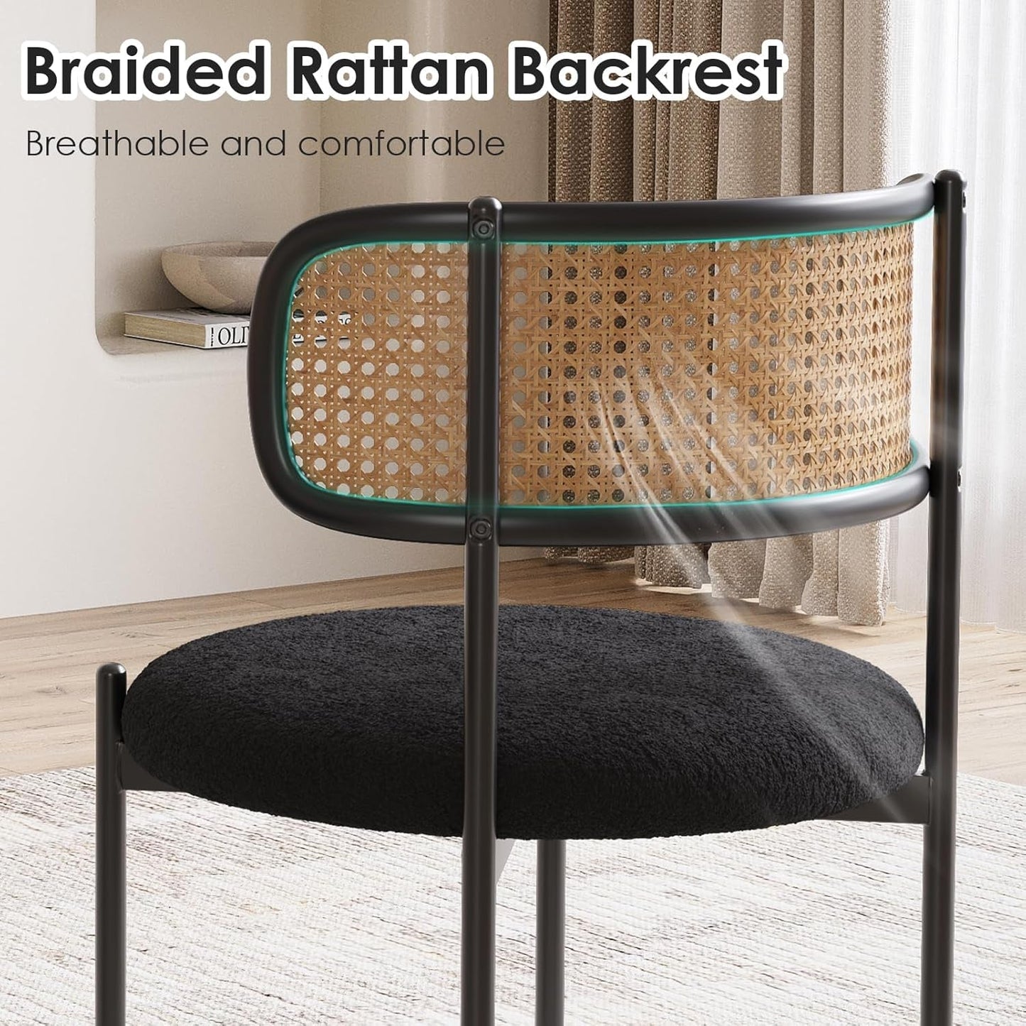 Kitchen Chairs Set of 4, Mid-Century Modern Dining Chairs,Kitchen Dining Room Chairs, Rattan Backrest round Upholstered Sherpa Dining Chairs,Black