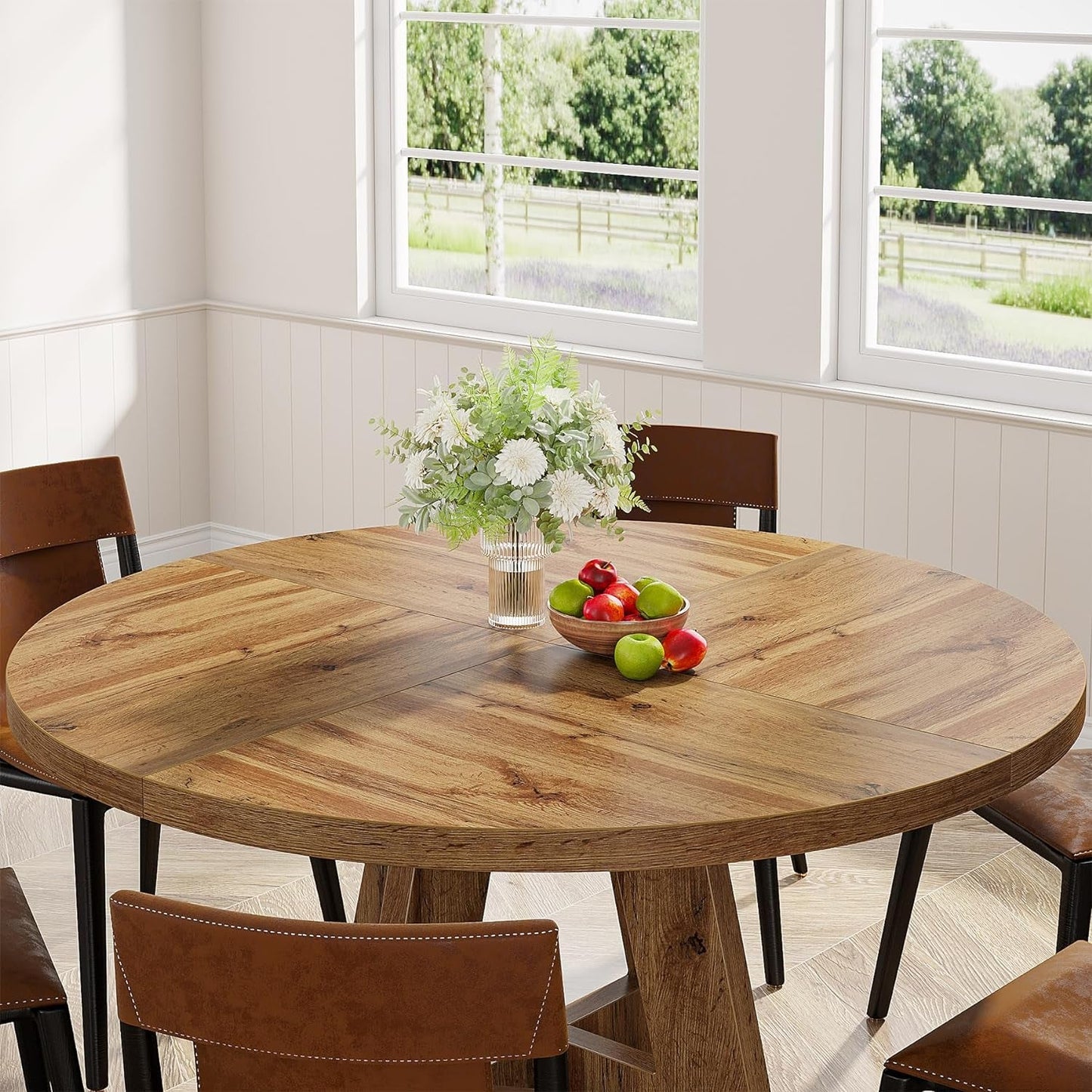 47" Dinning Room Tables for 4 Adult, Farmhouse Dinner Table with Wooden Tabletop and Cross Base, Burlywood(Only Table)