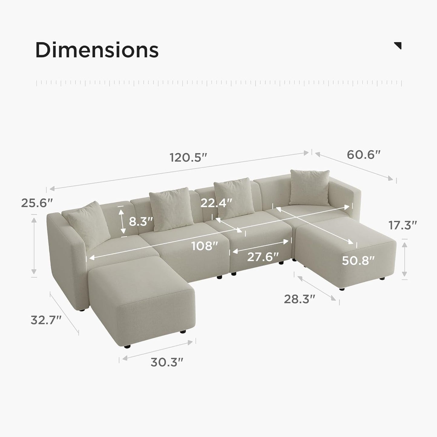 Fabric Living Room Furniture Set with Reversible Chaise Lounge, Cream U-Shape Couch