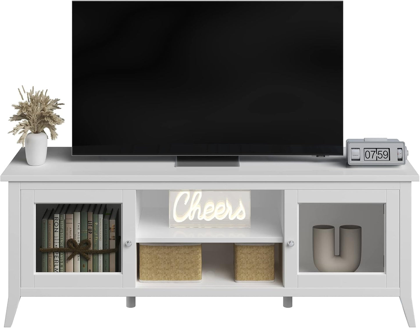 TV Stand - 55-Inch Storage Cabinet with 2 Cubbies and 2 Shelves - Entertainment Center for Living Room, Bedroom, or Entryway (White)