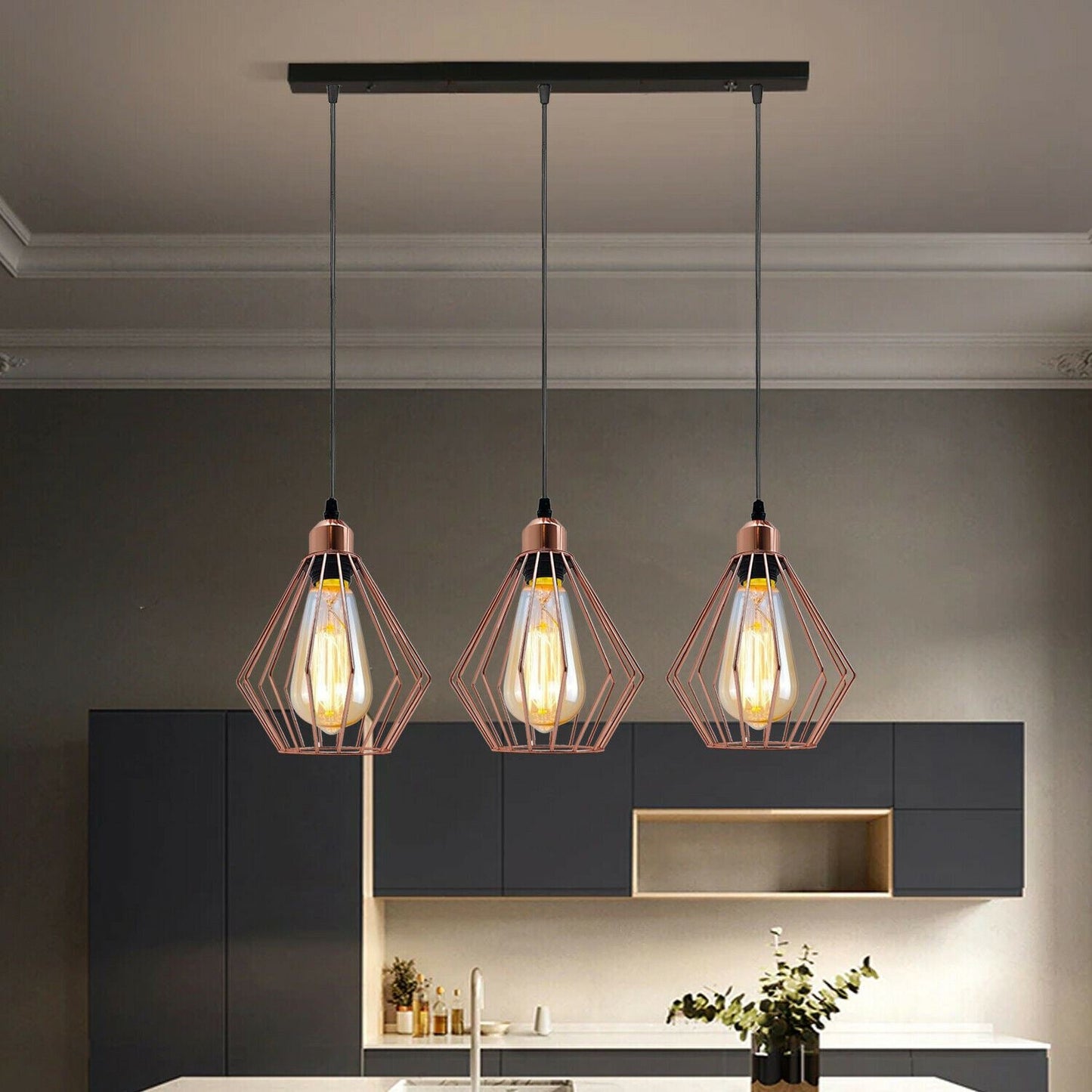 Modern Ceiling Pendant Cage Fitting Rose Gold Diamond Lights~1361-1