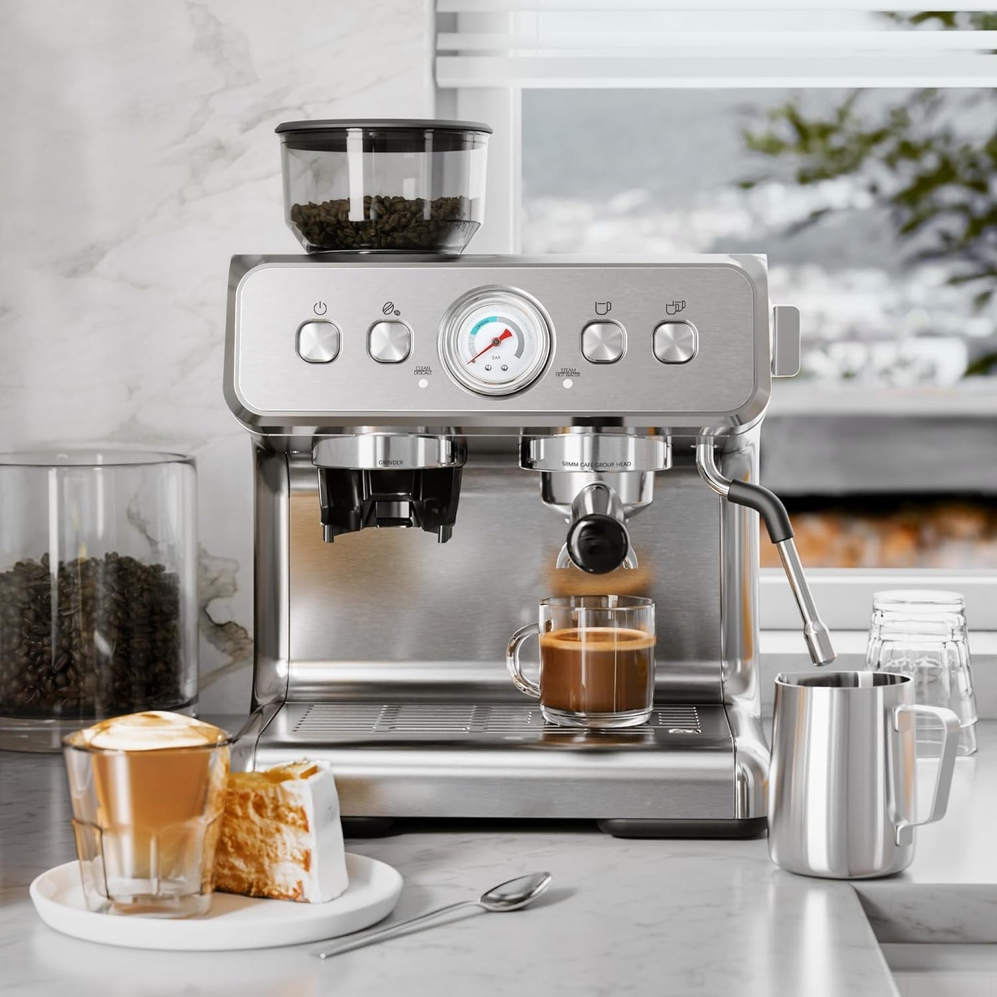 Kismile Espresso Coffee Machine with Grinder (Silver)