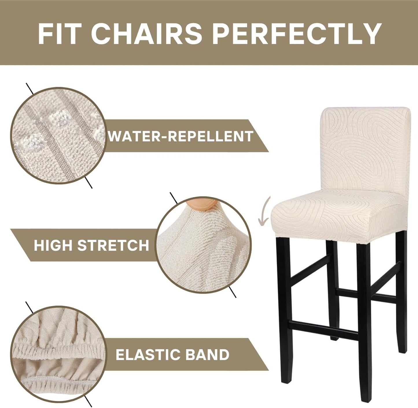 Water Repellent Bar Stool Covers Set of 4, Stretch Washable Barstool Seat Covers, Counter Height Chair Covers for Kitchen Dining Room Cafe (Beige Ripple Jacquard)