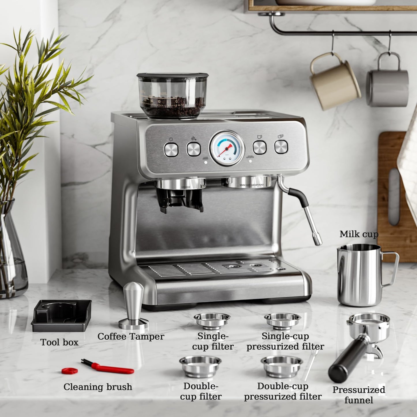 Kismile Espresso Coffee Machine with Grinder (Silver)