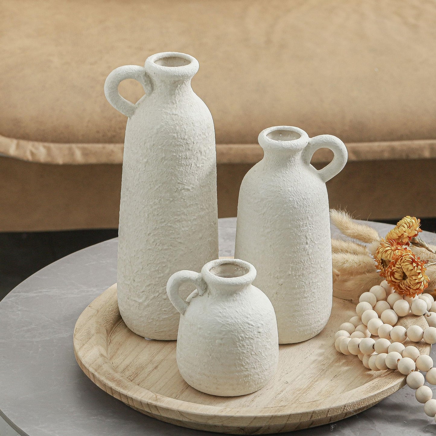 Ceramic Vase Set of 3 with Handle, Neutral Rustic Vases Home Decor - White