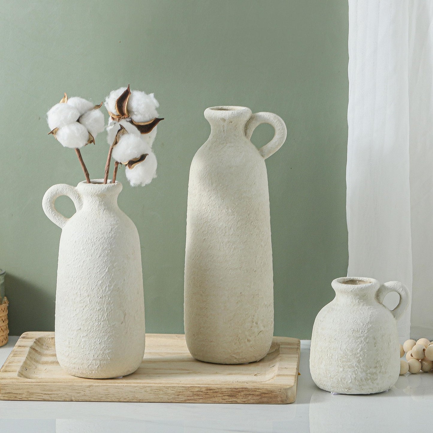 Ceramic Vase Set of 3 with Handle, Neutral Rustic Vases Home Decor - White