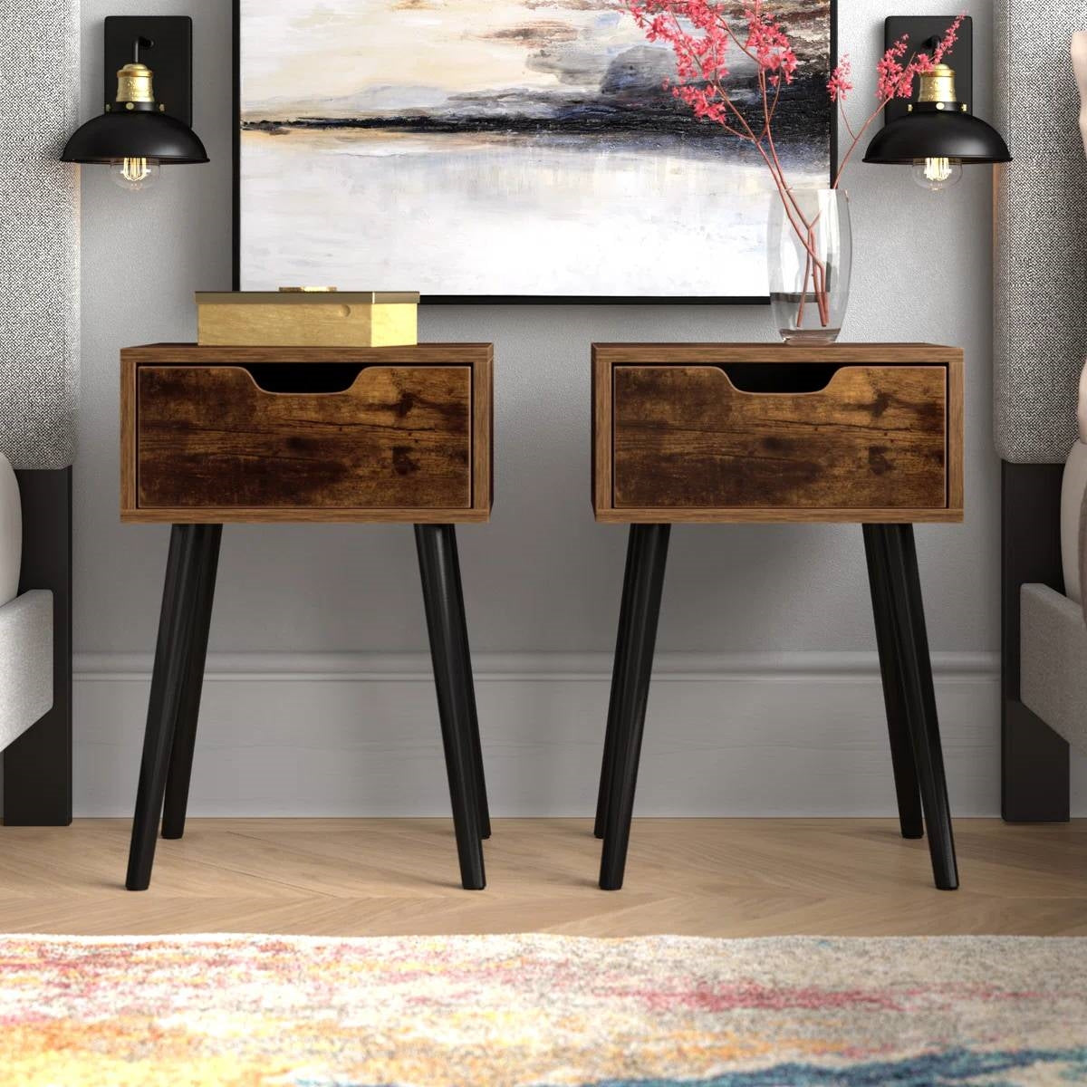 Set of 2 - Modern Mid-Century Farmhouse Bedroom Nightstand End Table-1