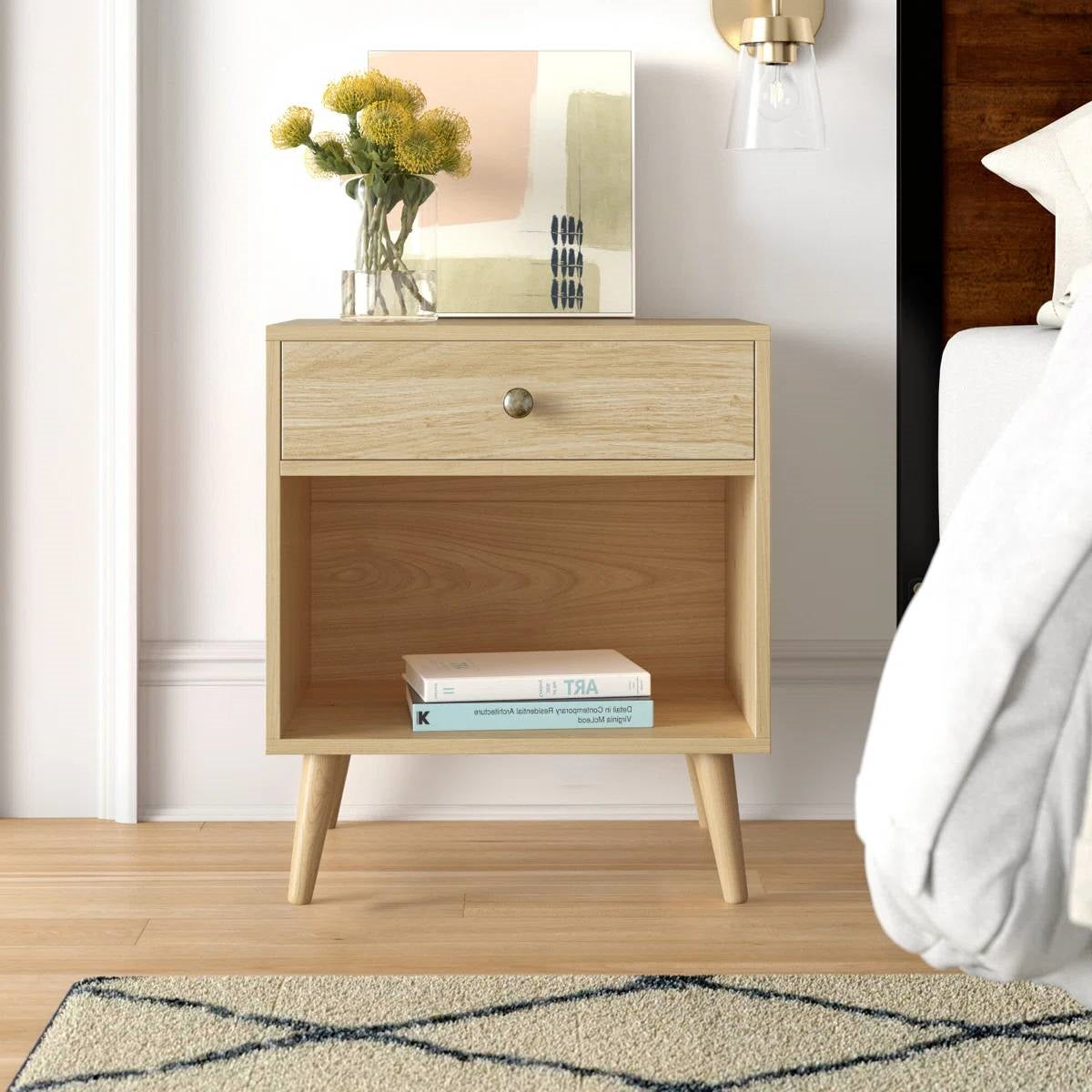 Mid-Century Modern 1-Drawer Nightstand in Natural Straw Yellow Wood Finish-0