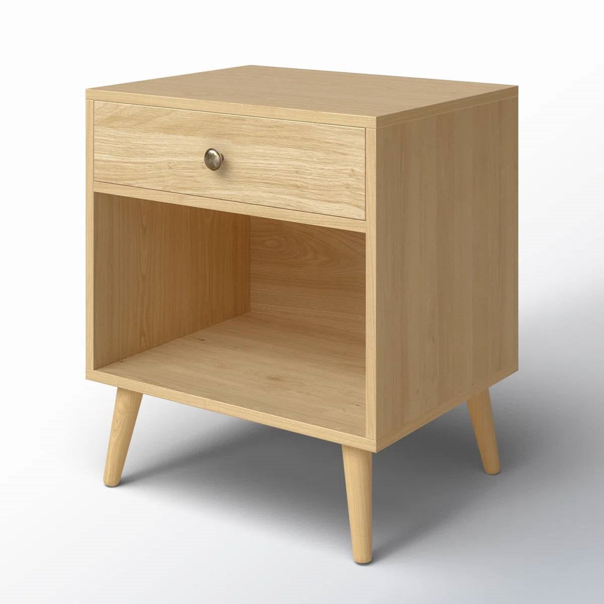 Mid-Century Modern 1-Drawer Nightstand in Natural Straw Yellow Wood Finish-1