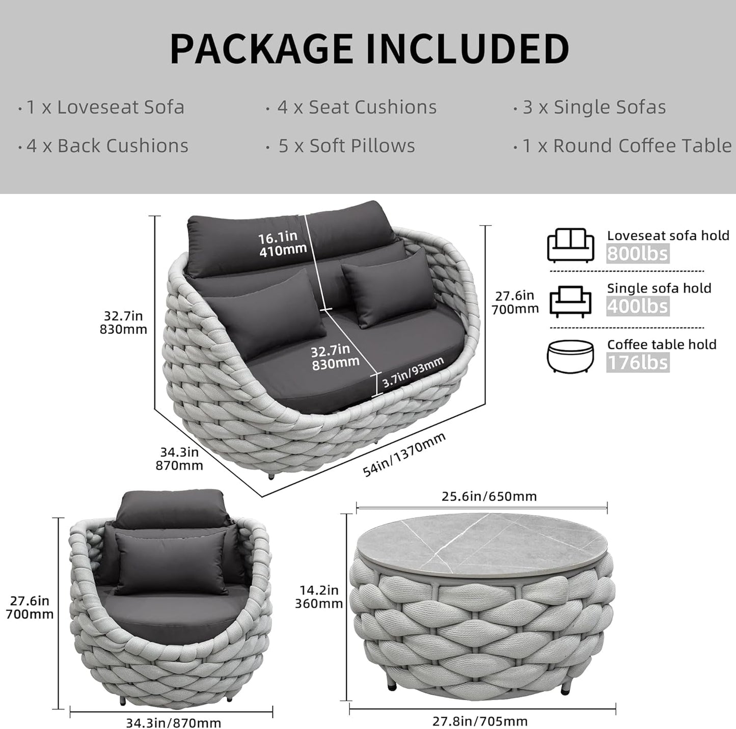 Aluminum Outdoor Patio Furniture Set with Coffee Table, 6 Piece Patio Conversation Sets with Washable Cushions Covers, Patio Sectional Furniture Set for Porch, Balcony, Deck, Yard