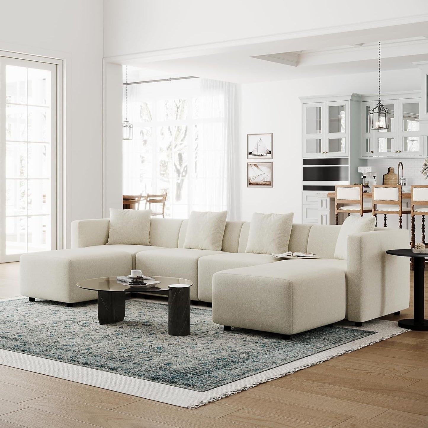 Fabric Living Room Furniture Set with Reversible Chaise Lounge, Cream U-Shape Couch
