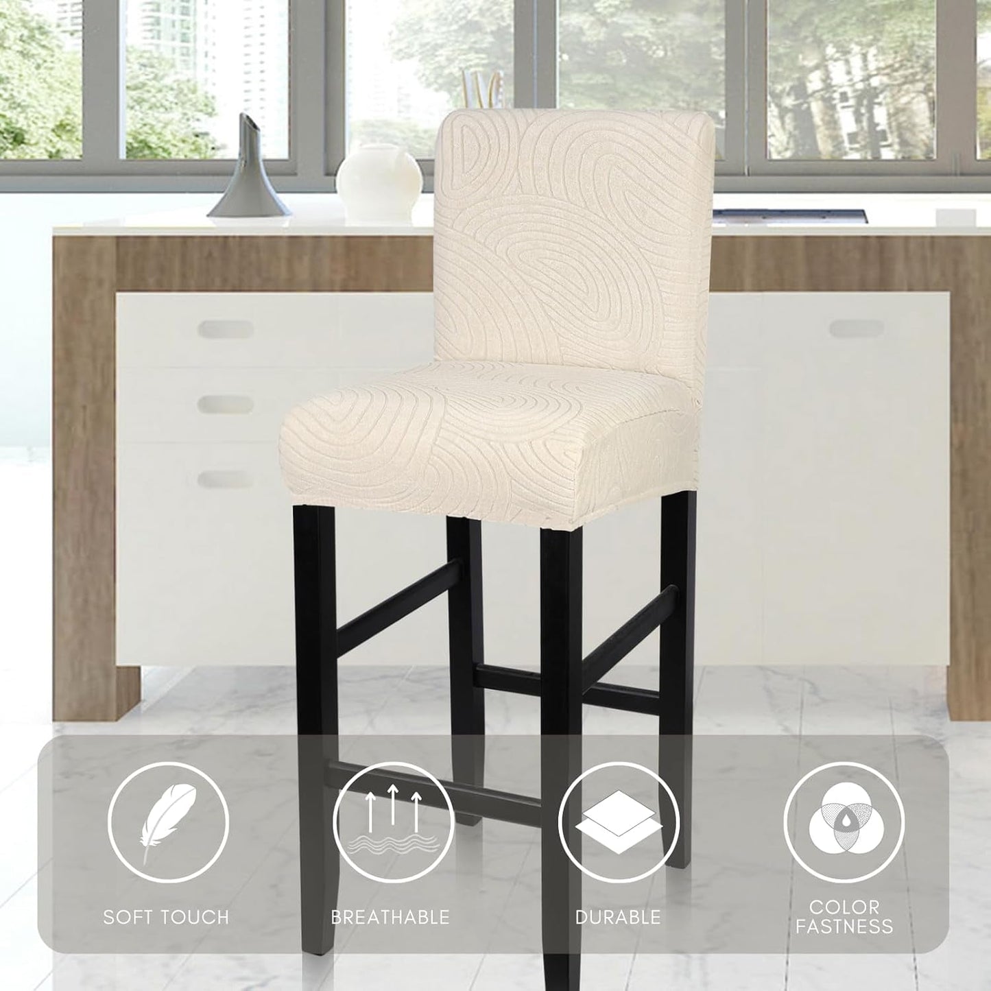 Water Repellent Bar Stool Covers Set of 4, Stretch Washable Barstool Seat Covers, Counter Height Chair Covers for Kitchen Dining Room Cafe (Beige Ripple Jacquard)