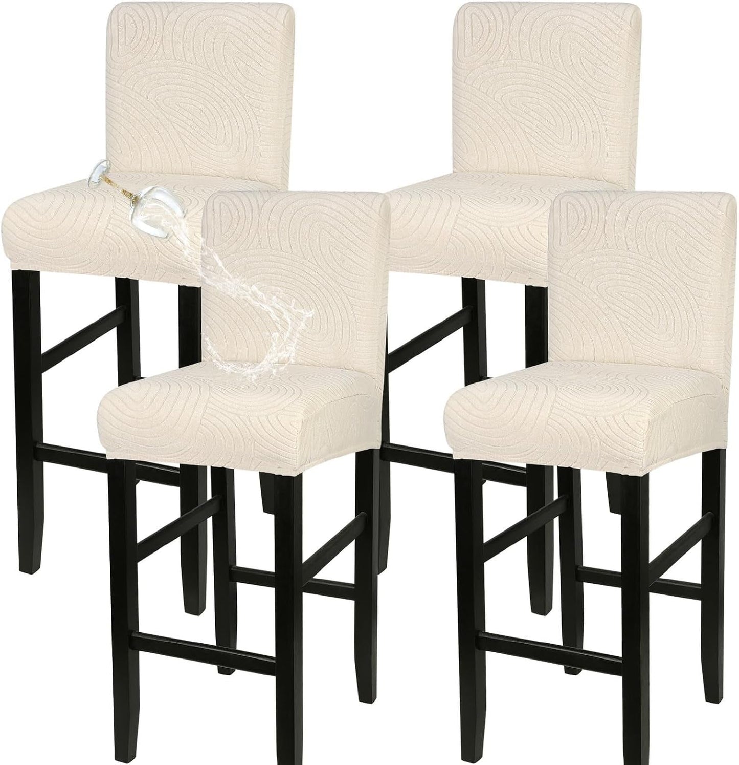 Water Repellent Bar Stool Covers Set of 4, Stretch Washable Barstool Seat Covers, Counter Height Chair Covers for Kitchen Dining Room Cafe (Beige Ripple Jacquard)