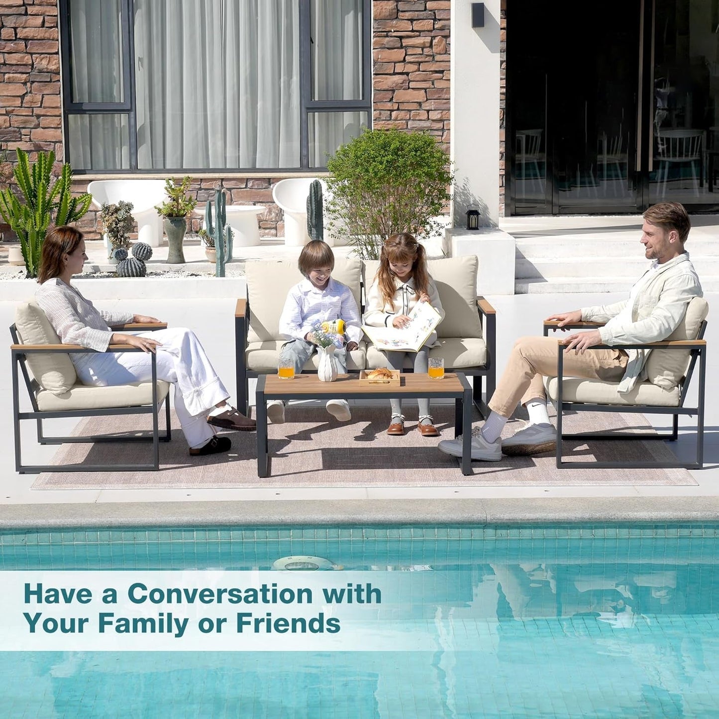 Patio Furniture Set, 4 Pieces Outdoor Patio Furniture with Coffee Table Set, Metal Patio Conversation Sets with Washable and High-Resiliency Sponge Cushions, Upgarded Beige