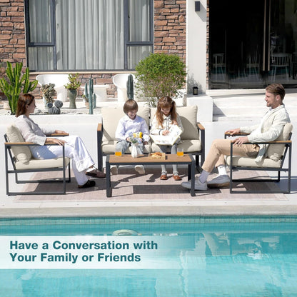 Patio Furniture Set, 4 Pieces Outdoor Patio Furniture with Coffee Table Set, Metal Patio Conversation Sets with Washable and High-Resiliency Sponge Cushions, Upgarded Beige