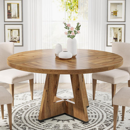47" Dinning Room Tables for 4 Adult, Farmhouse Dinner Table with Wooden Tabletop and Cross Base, Burlywood(Only Table)