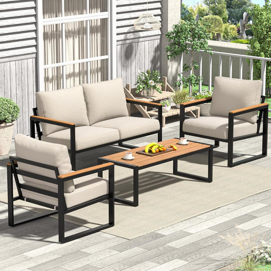 Patio Furniture Set, 4 Pieces Outdoor Patio Furniture with Coffee Table Set, Metal Patio Conversation Sets with Washable and High-Resiliency Sponge Cushions, Upgarded Beige