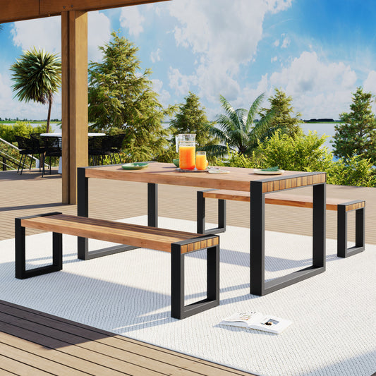 Three Piece Natural Solid Wood Outdoor Patio Set With Table