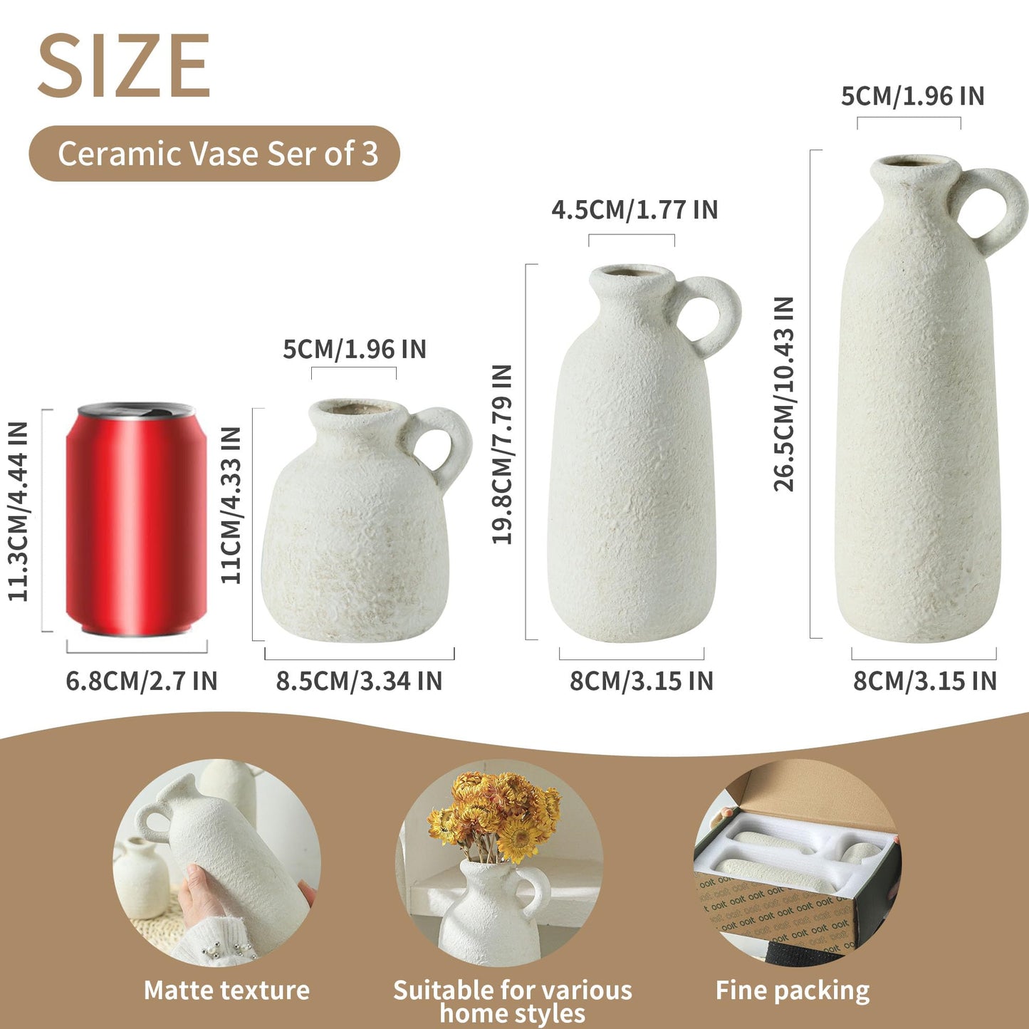 Ceramic Vase Set of 3 with Handle, Neutral Rustic Vases Home Decor - White