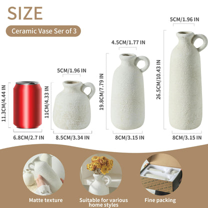 Ceramic Vase Set of 3 with Handle, Neutral Rustic Vases Home Decor - White