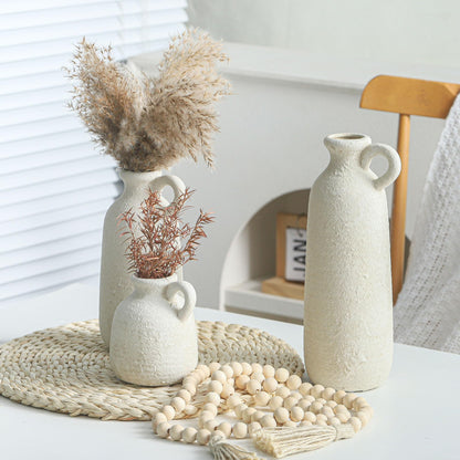 Ceramic Vase Set of 3 with Handle, Neutral Rustic Vases Home Decor - White