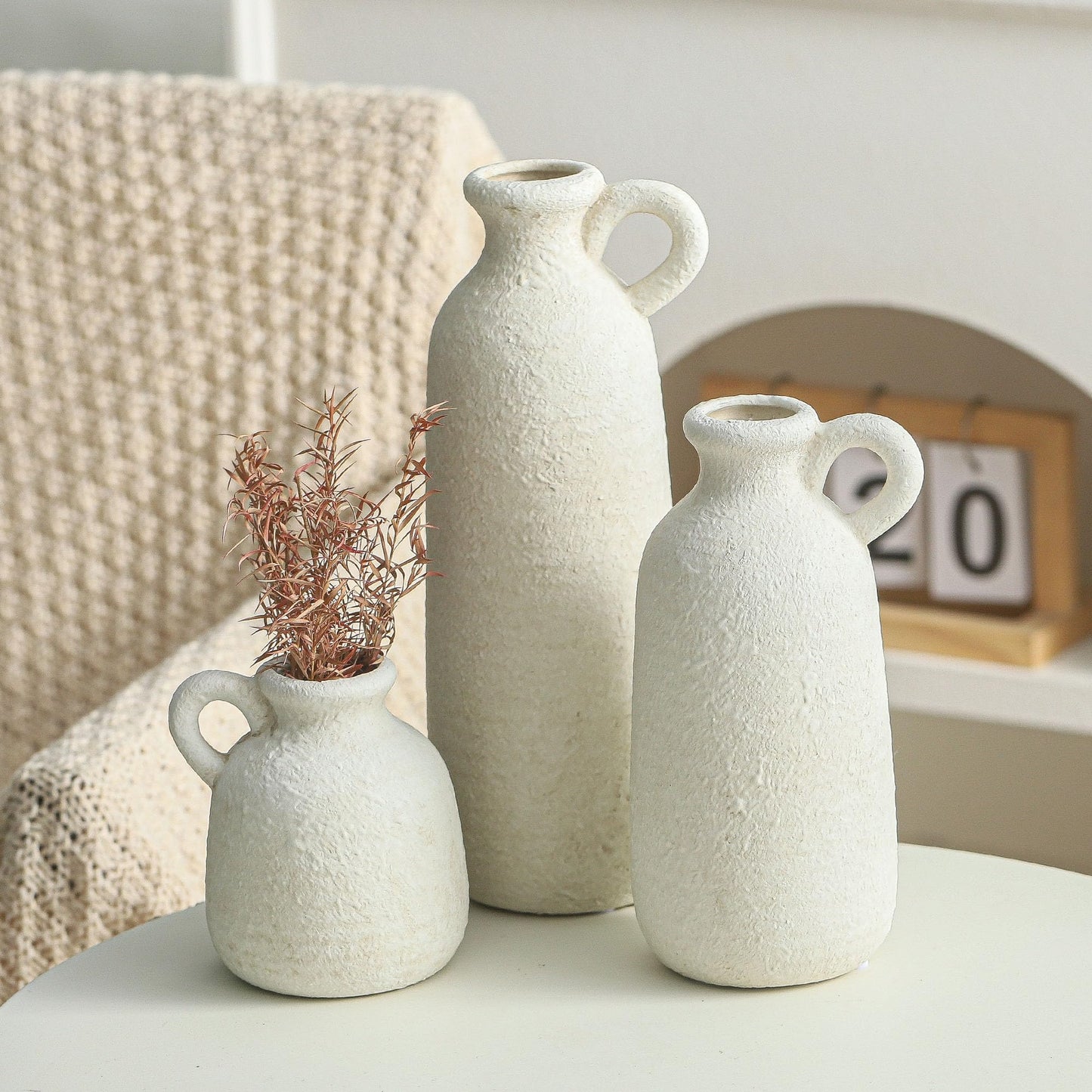 Ceramic Vase Set of 3 with Handle, Neutral Rustic Vases Home Decor - White