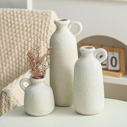 Ceramic Vase Set of 3 with Handle, Neutral Rustic Vases Home Decor - White