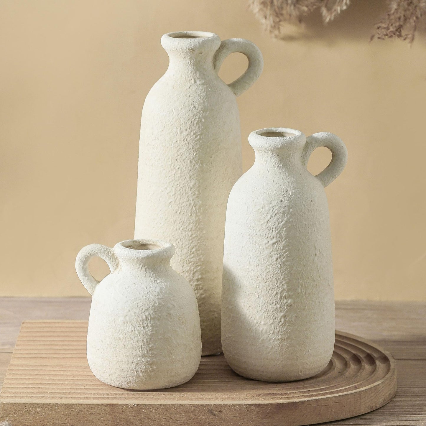 Ceramic Vase Set of 3 with Handle, Neutral Rustic Vases Home Decor - White