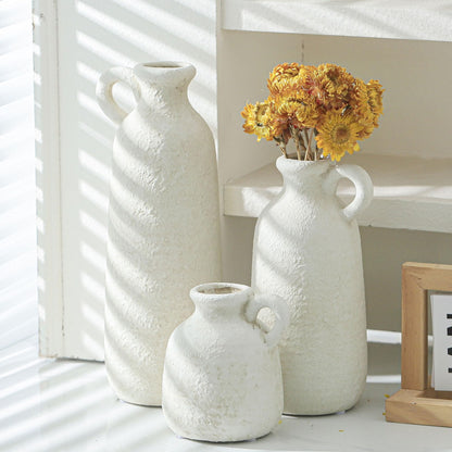 Ceramic Vase Set of 3 with Handle, Neutral Rustic Vases Home Decor - White
