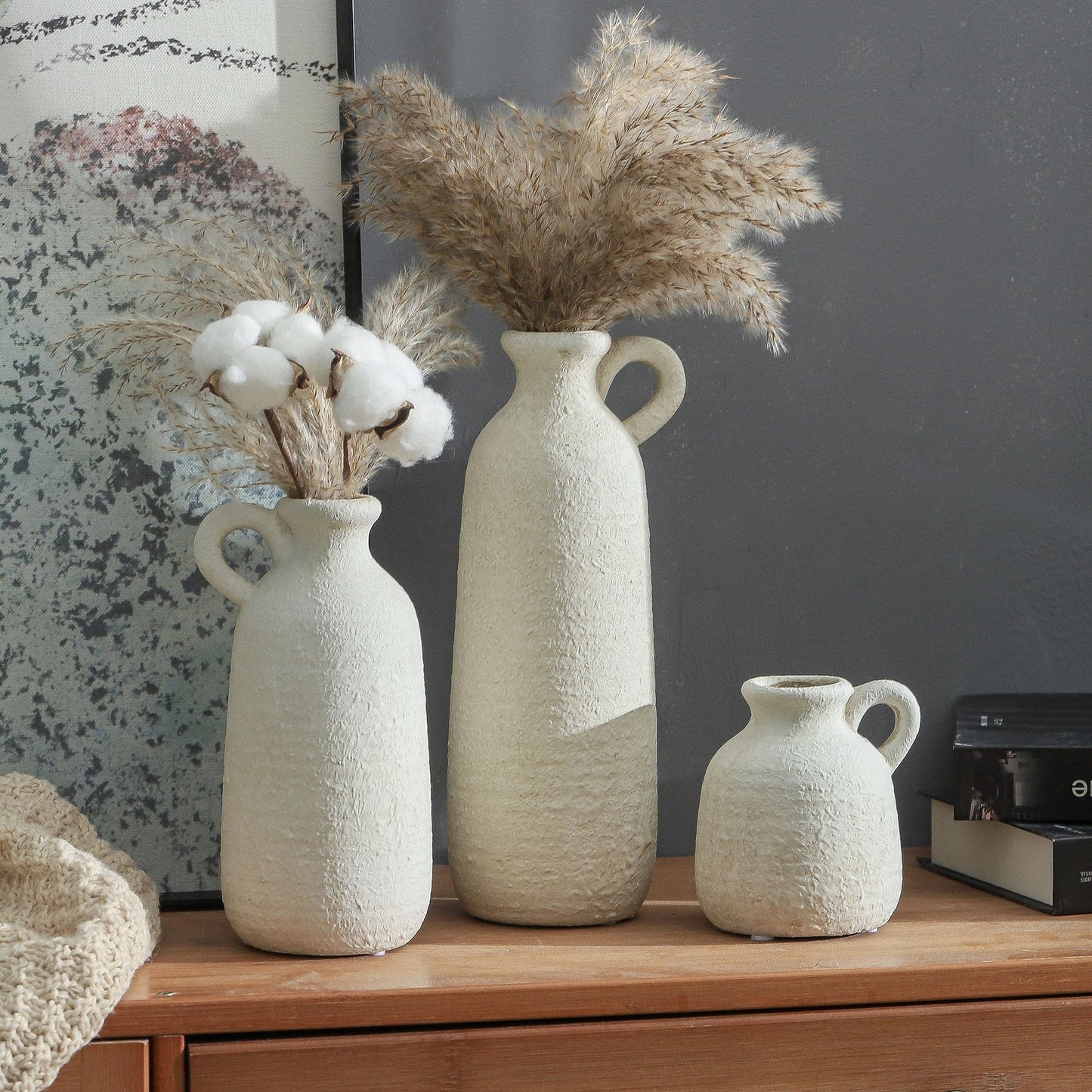 Ceramic Vase Set of 3 with Handle, Neutral Rustic Vases Home Decor - White