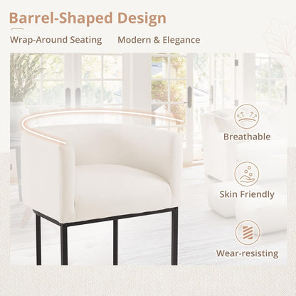 27" H Counter Height Bar Stools Set of 2, Modern Barrel Counter Stools with Backrest and Arms, Black Metal Frames, Linen Fabric Upholstered Accent Barstools for Kitchen Island, Beige