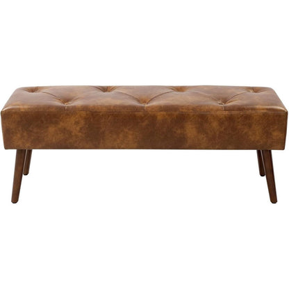 Mid-Century End of Bed Bench with Brown Leather Upholstered Seat Solid Wood Legs-3