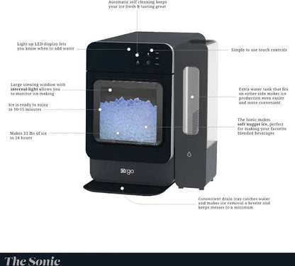 Orgo Products Sonic Countertop Ice Maker – Nugget Ice, 33lbs, Black
