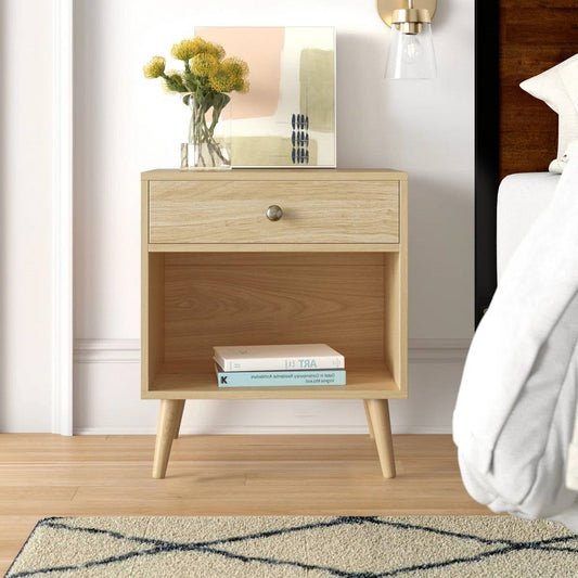 Mid-Century Modern 1-Drawer Nightstand in Natural Straw Yellow Wood Finish-0