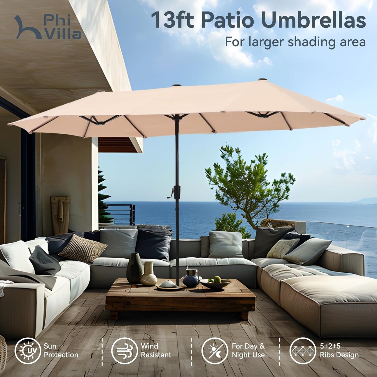 Large Double-Sided Patio Umbrella with Easy Crank System