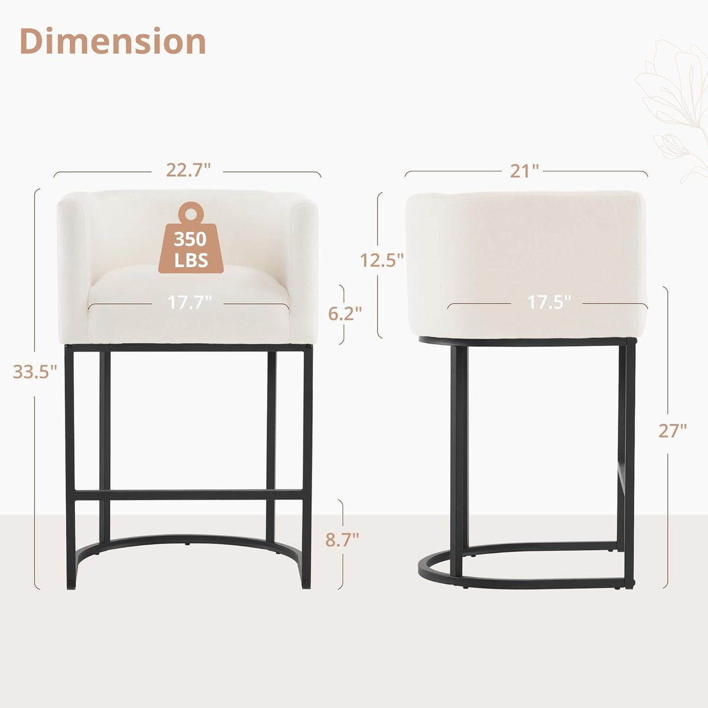 27" H Counter Height Bar Stools Set of 2, Modern Barrel Counter Stools with Backrest and Arms, Black Metal Frames, Linen Fabric Upholstered Accent Barstools for Kitchen Island, Beige