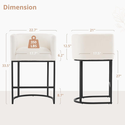27" H Counter Height Bar Stools Set of 2, Modern Barrel Counter Stools with Backrest and Arms, Black Metal Frames, Linen Fabric Upholstered Accent Barstools for Kitchen Island, Beige